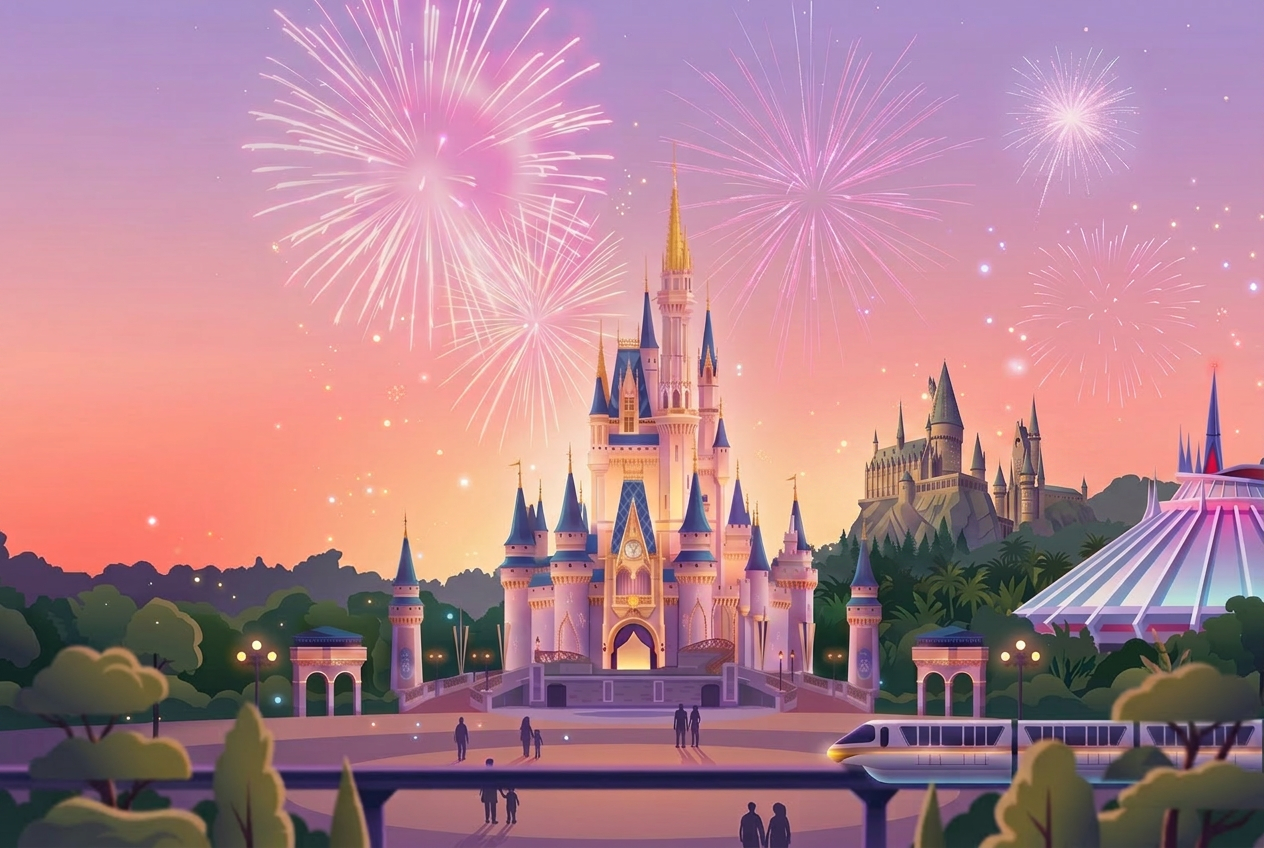 Magical castle at sunset